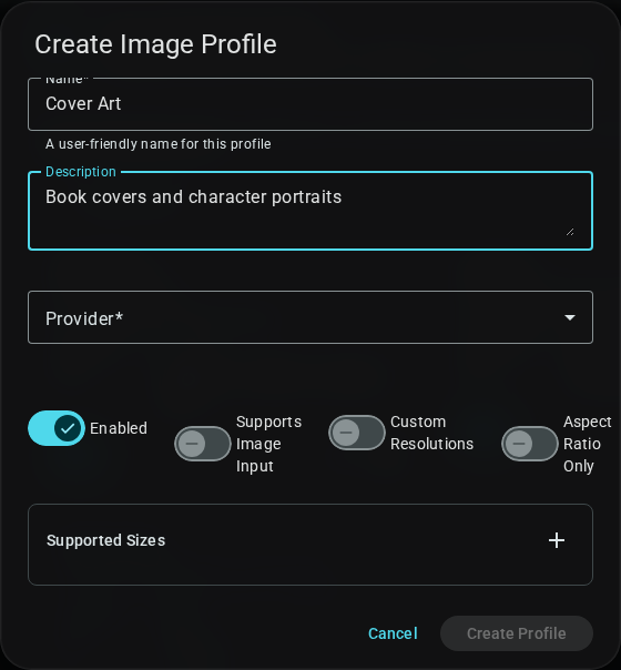 Image profile creation dialog — dark