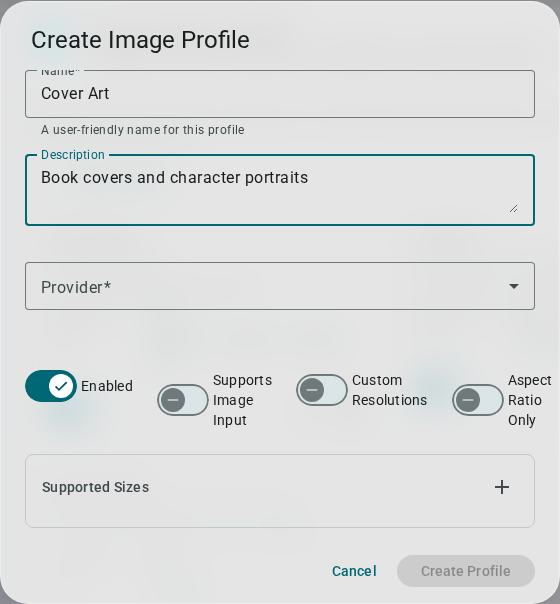 Image profile creation dialog — light