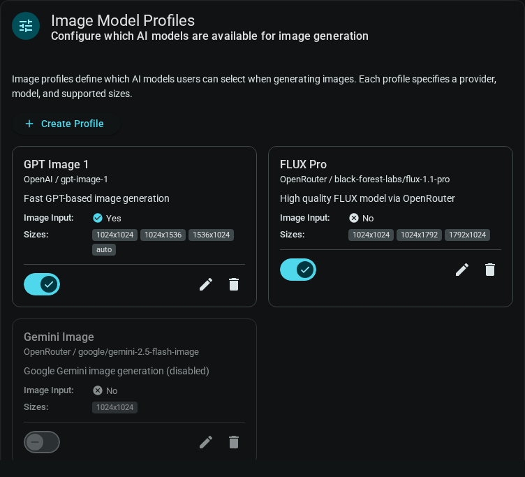 Image model profiles grid — dark