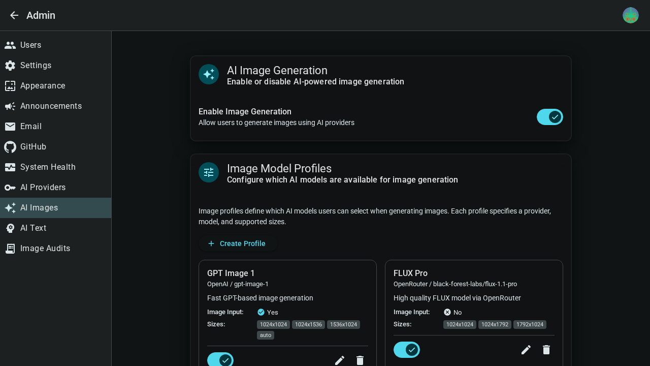 Admin AI settings — dark