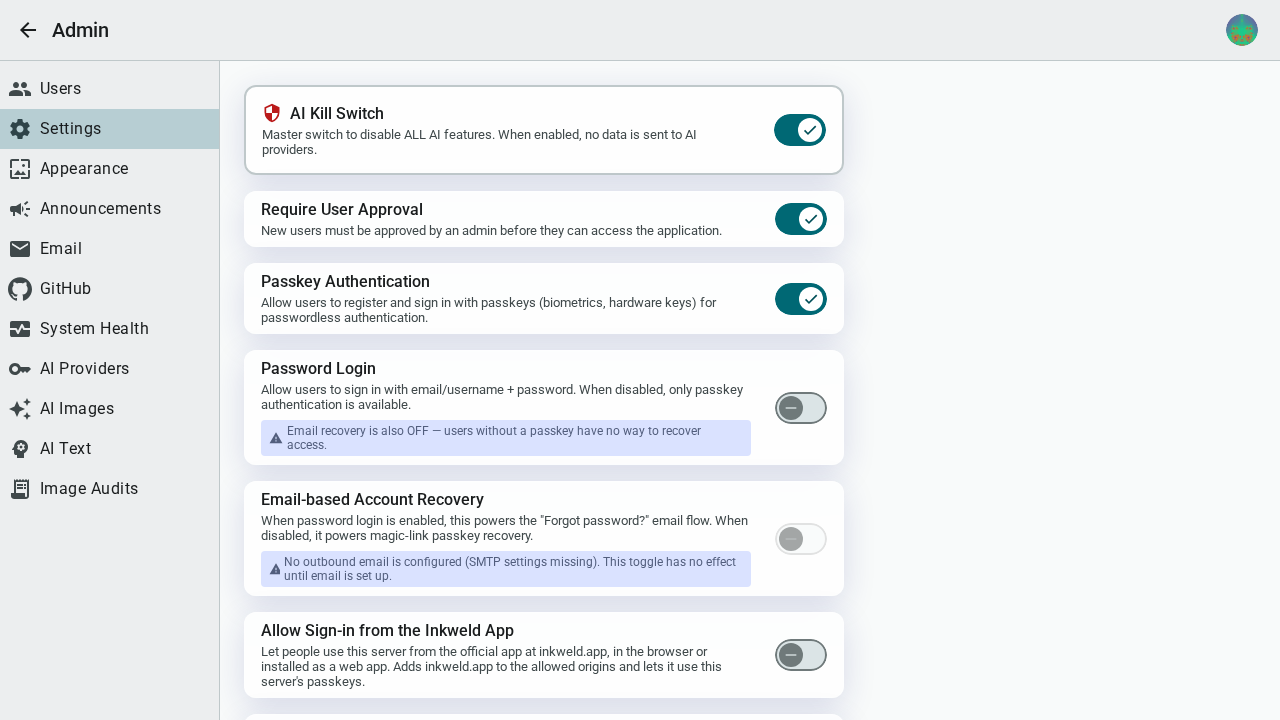 Kill switch settings page — dark