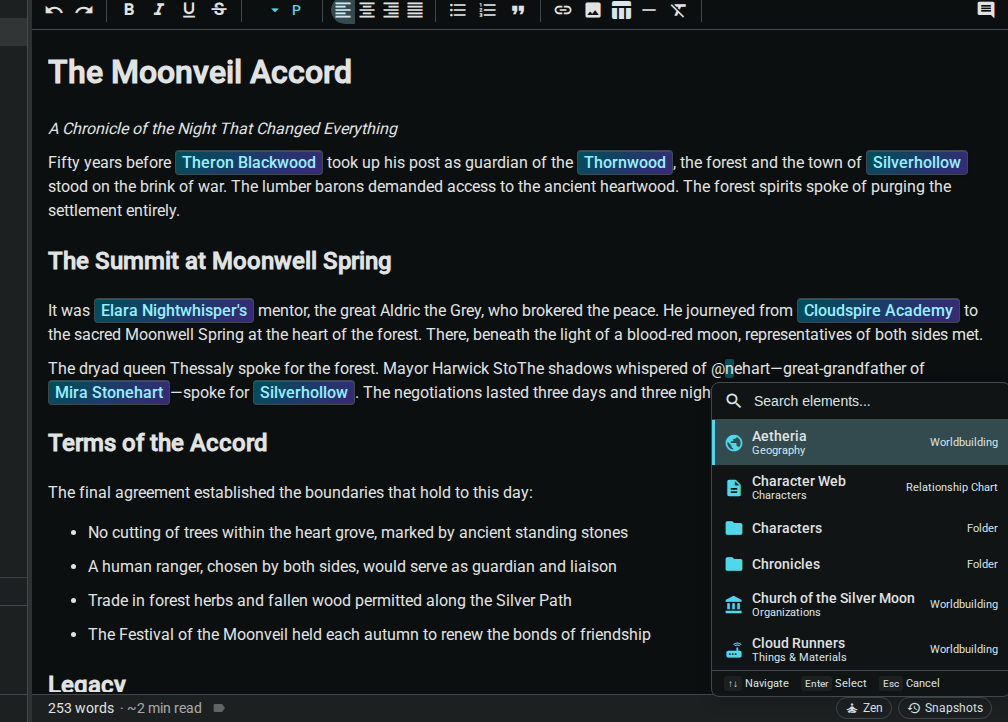 @mention — popup open, dark