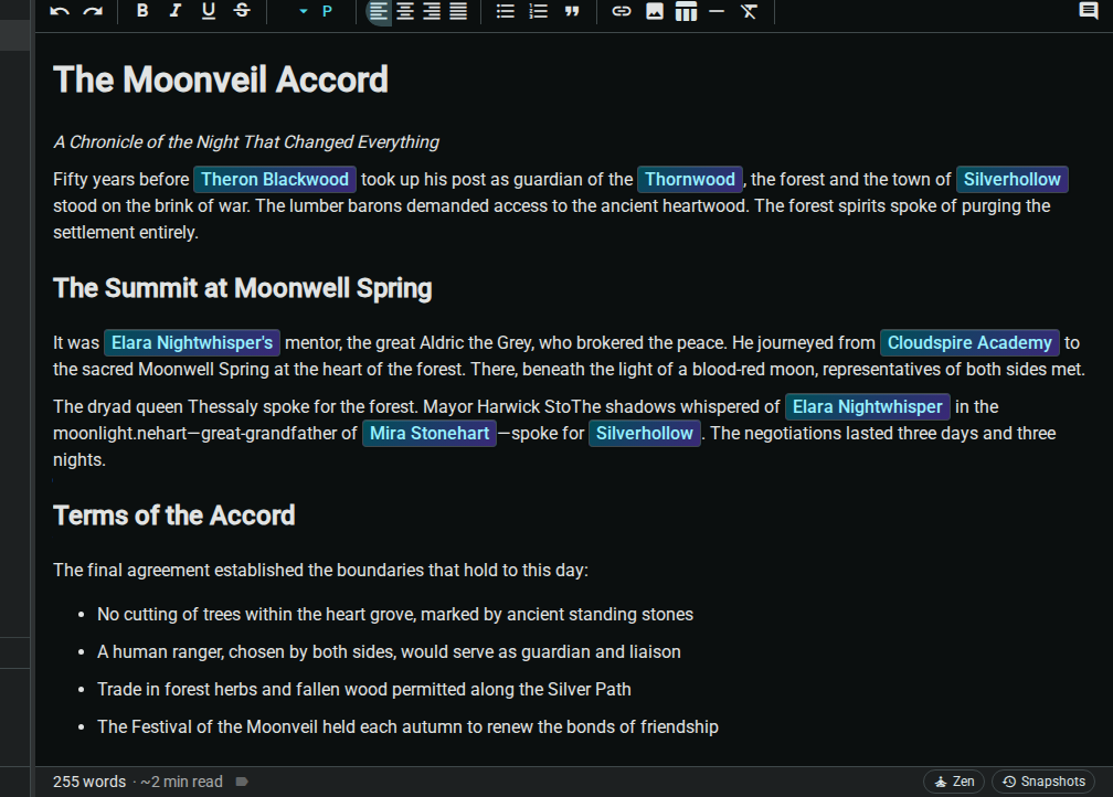 @mention — inserted link, dark
