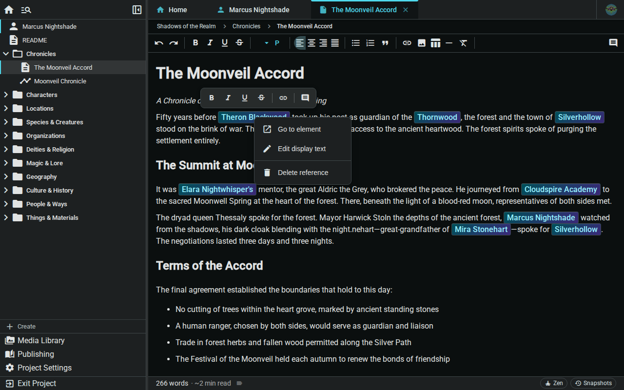 Element reference context menu — dark