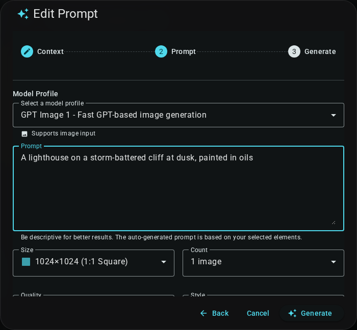 Image generation prompt step — dark
