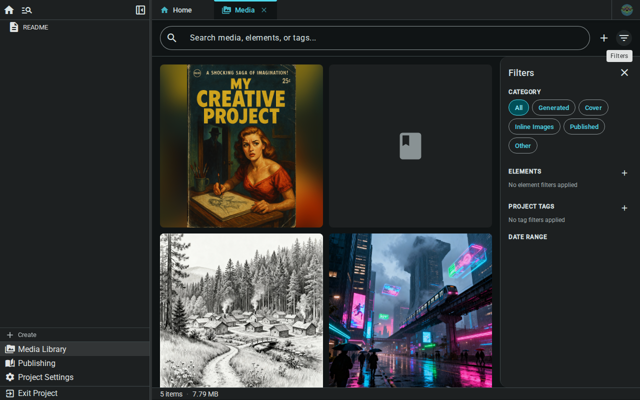 Media filter panel — dark
