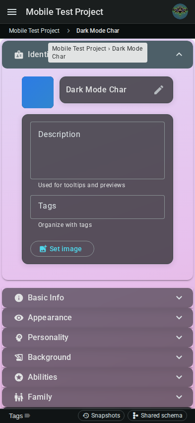 Mobile accordion — dark mode