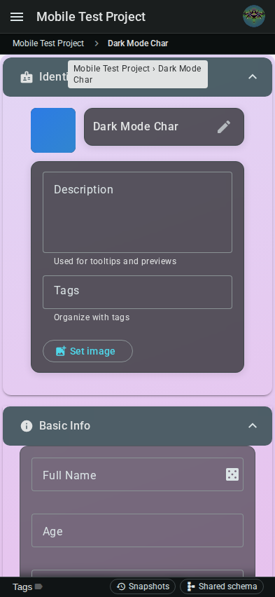 Mobile tab fields — dark mode