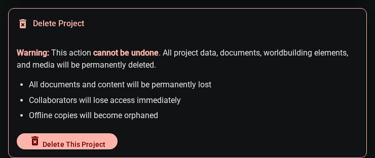 Delete project card — dark