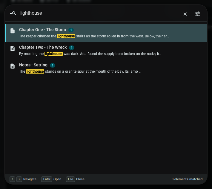 Project Search dialog showing results across multiple documents