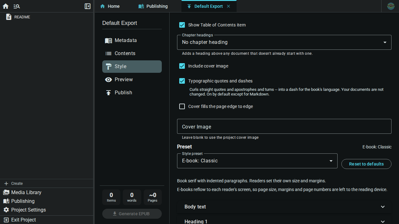 Publish style overview — dark