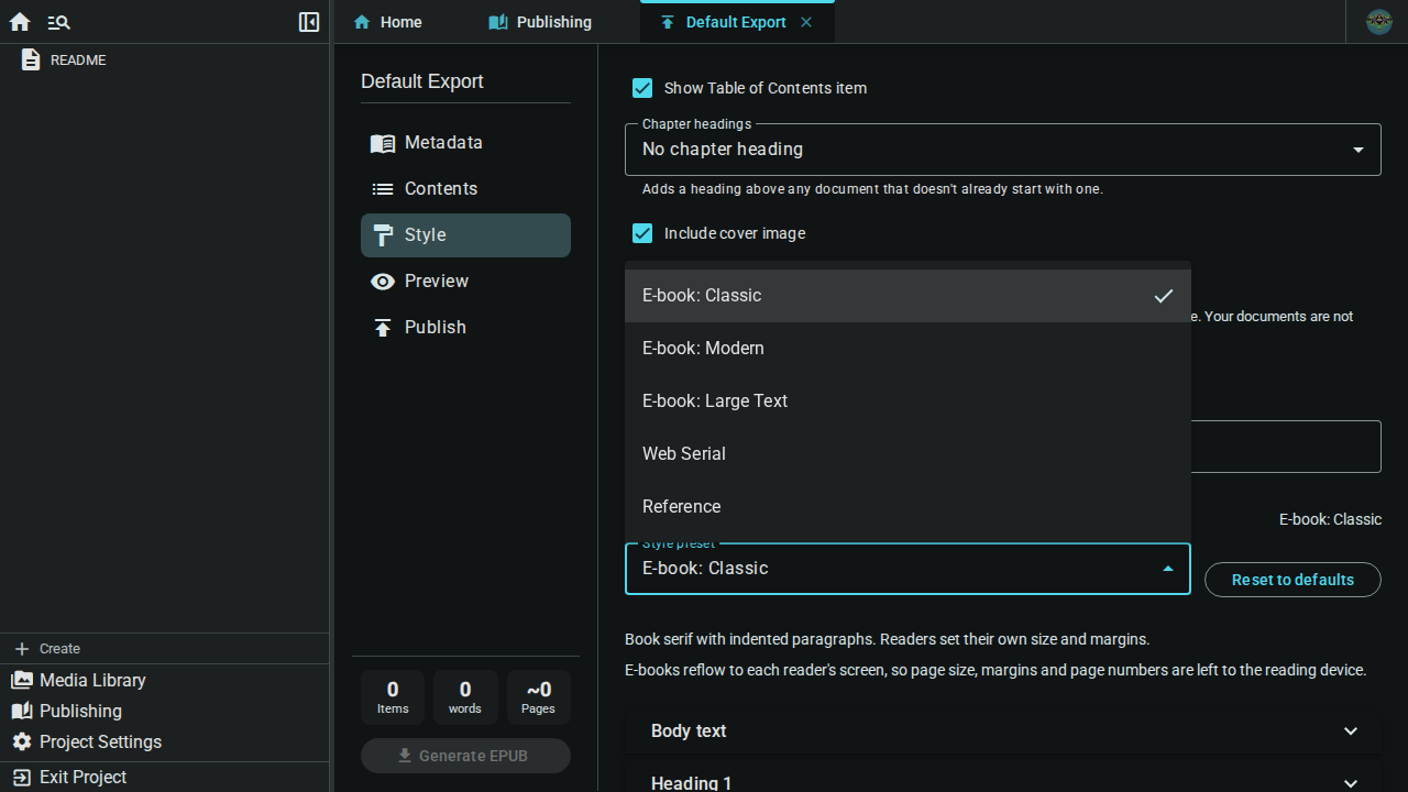 Style preset dropdown — dark