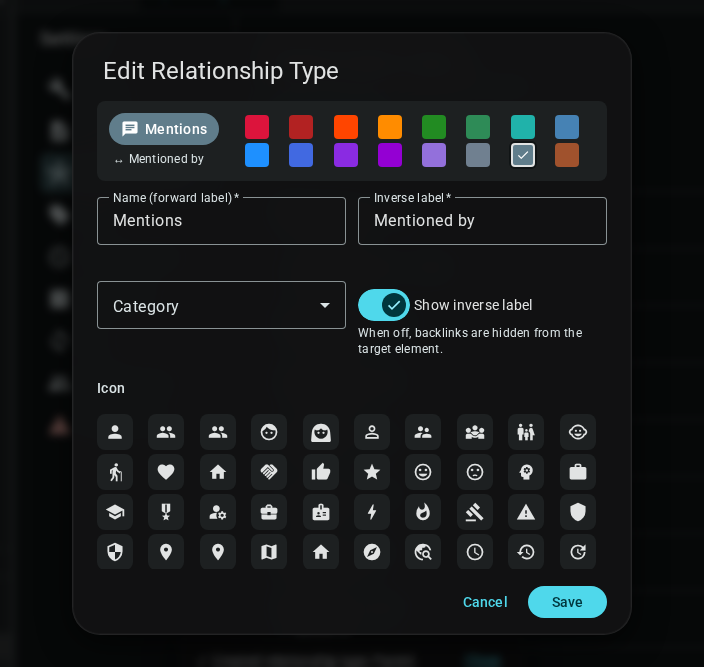 Edit relationship type dialog — dark