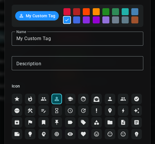 Create tag dialog — dark