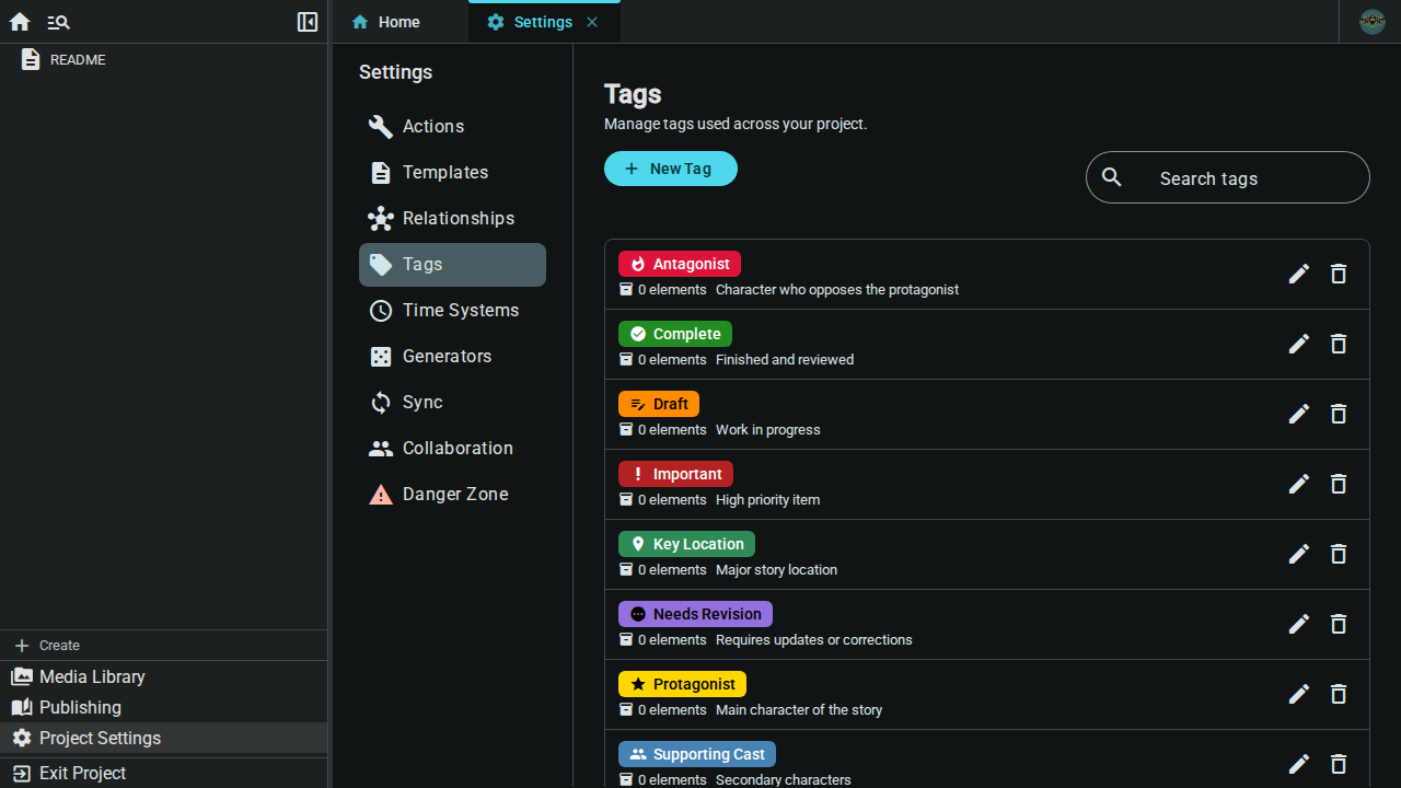 Tags tab with default tags — dark