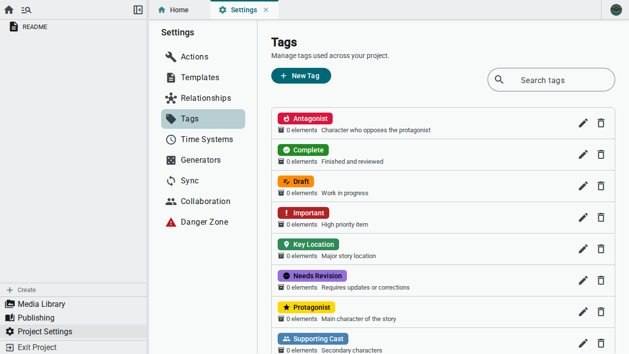Tags tab with default tags — light