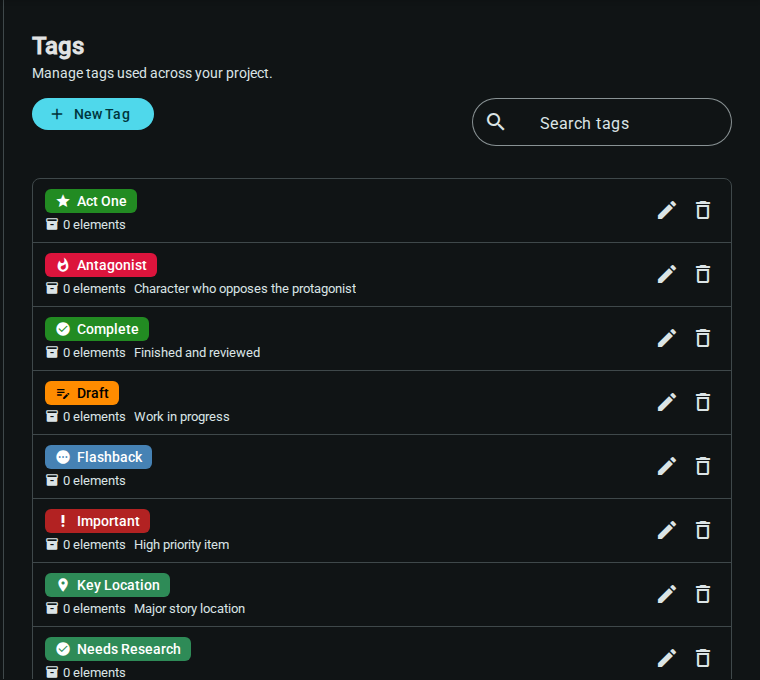 Tags list — dark