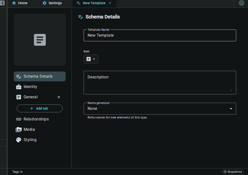 Create template dialog — dark