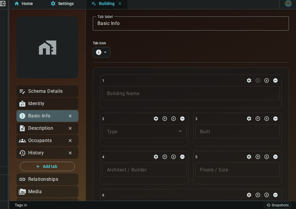A template tab showing the tab name/icon editor and the tab's fields