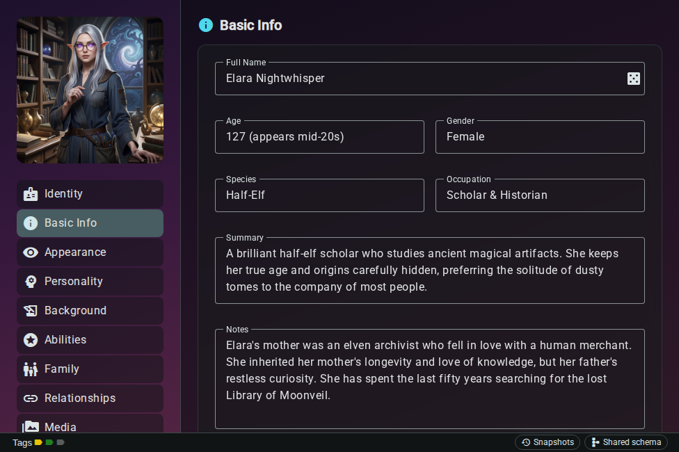 Worldbuilding editor — schema fields, dark