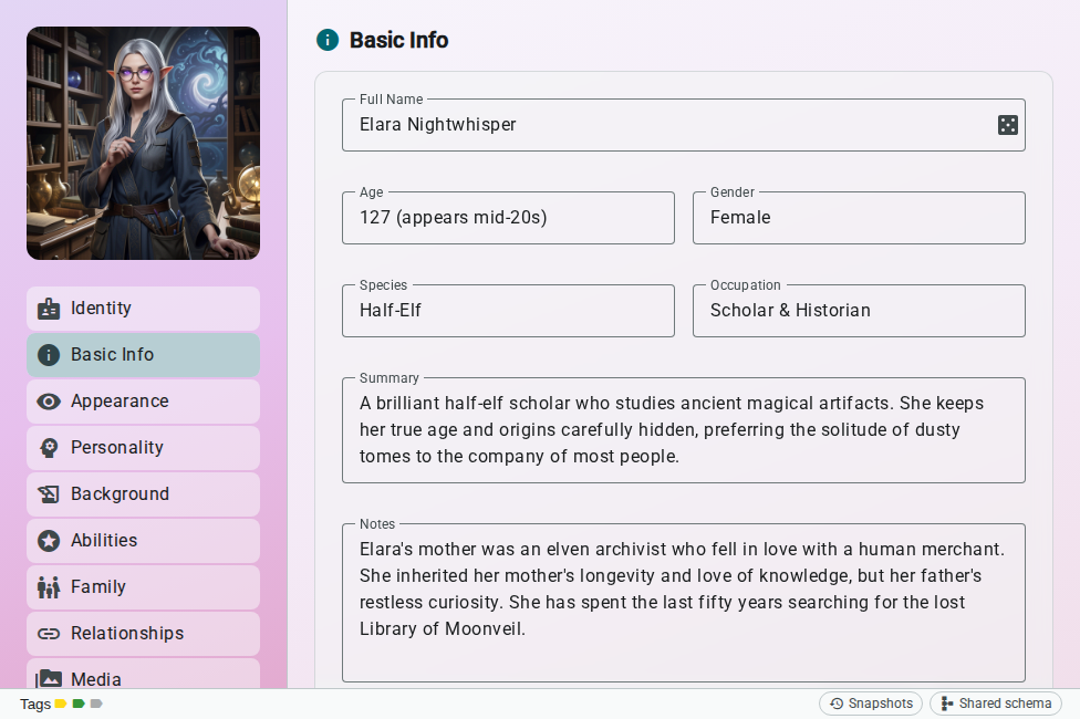 Worldbuilding editor — schema fields, light