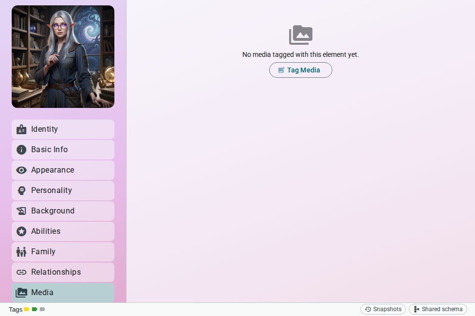 Worldbuilding editor — media section, light