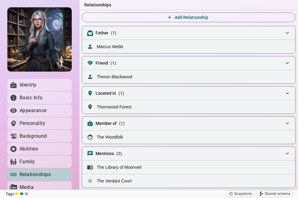 Worldbuilding editor — relationships, light
