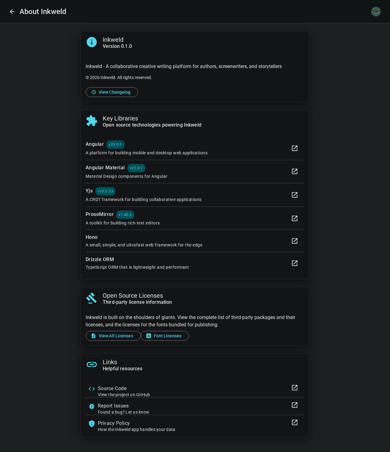 About page — desktop, dark
