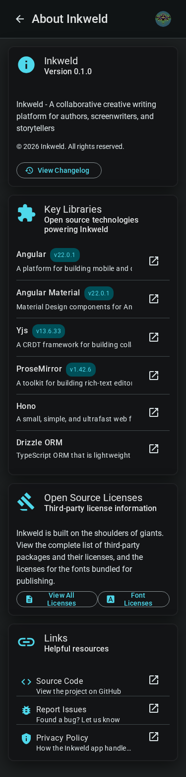 About page — mobile, dark
