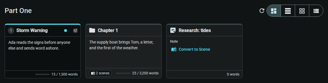 Corkboard showing a scene card, a chapter folder card and a note card