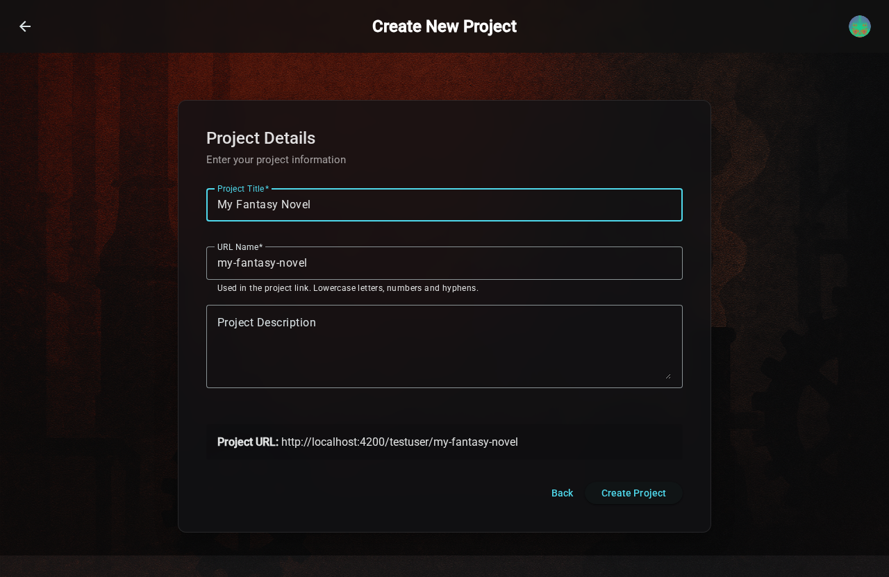 Create project — details form, dark