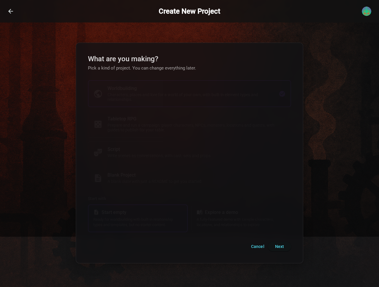 Create project — template picker, dark