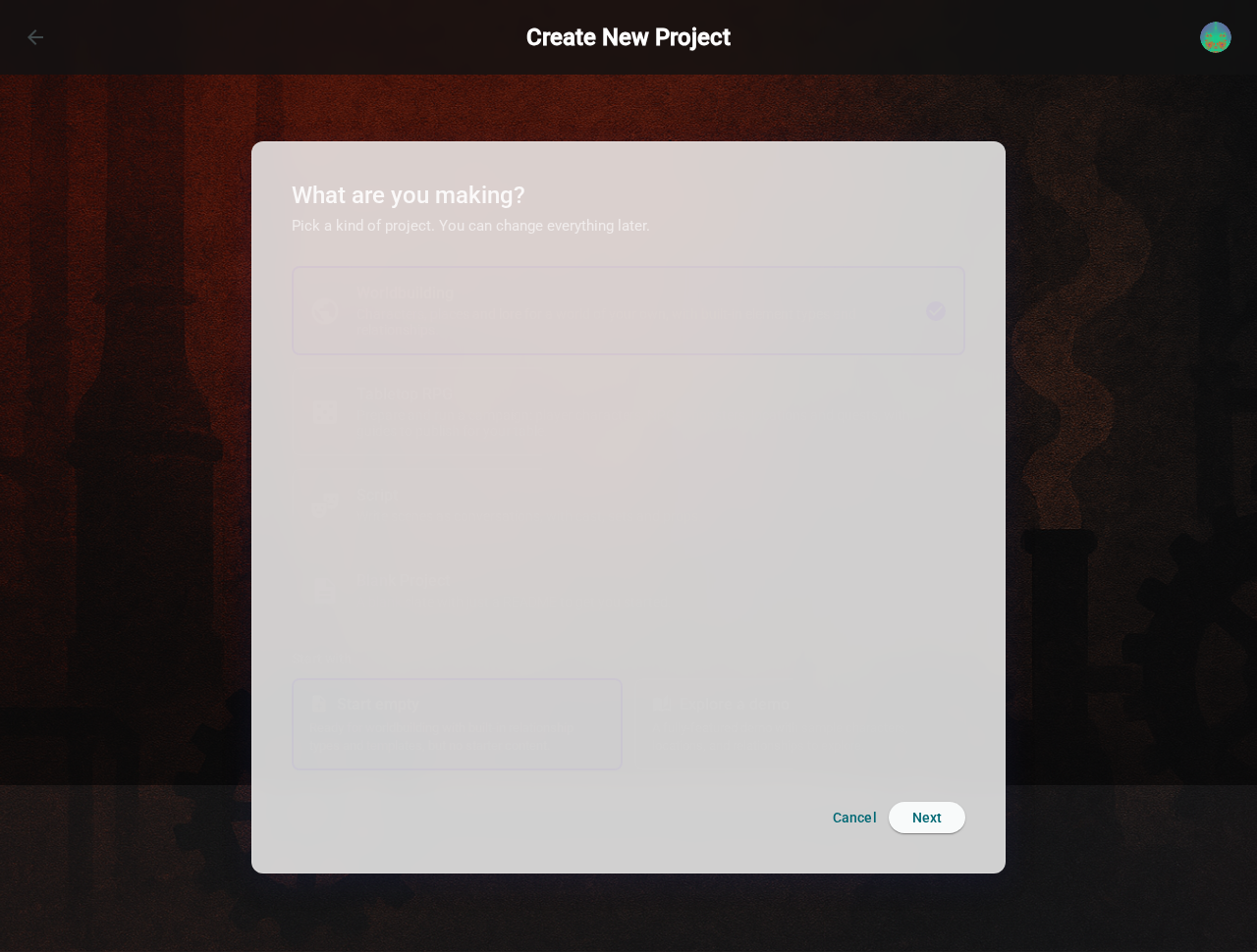 Create project — template picker, light
