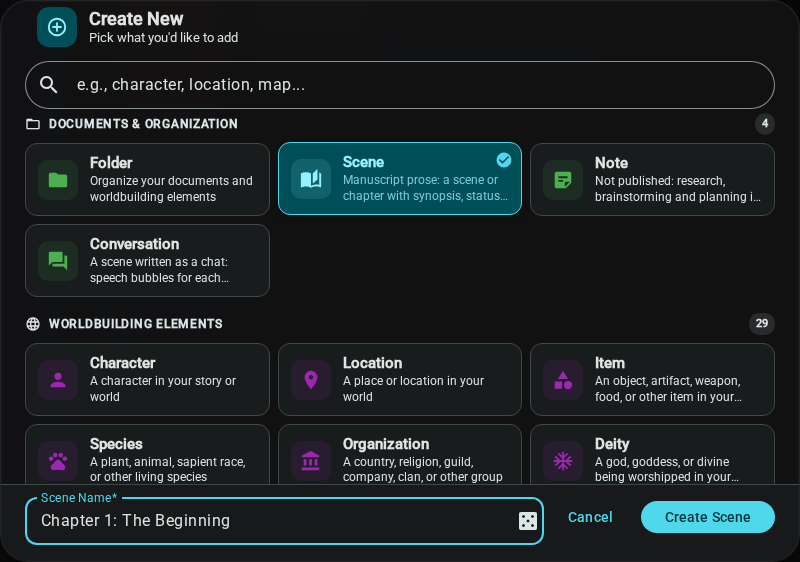 New document naming dialog — dark