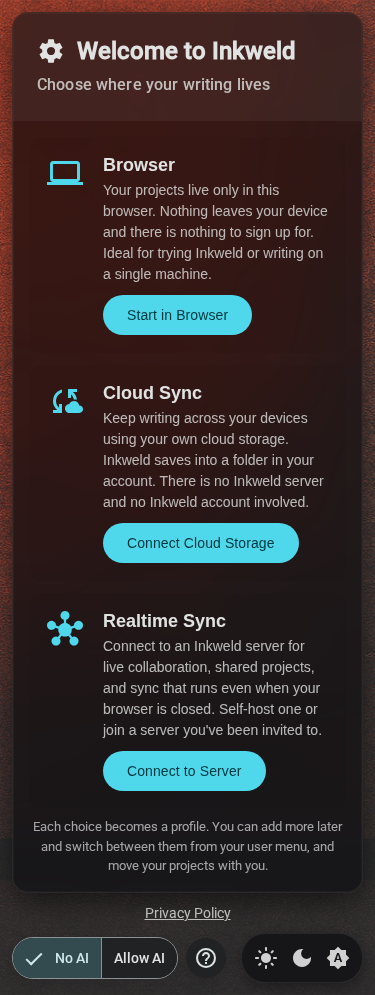 Setup — mode selection, mobile, dark