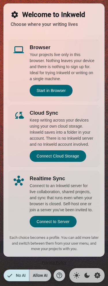 Setup — mode selection, mobile, light