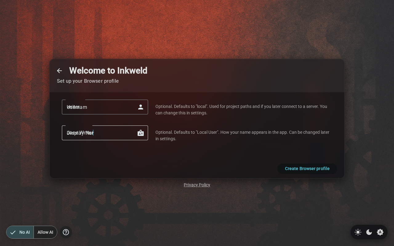 Setup — offline profile form, dark