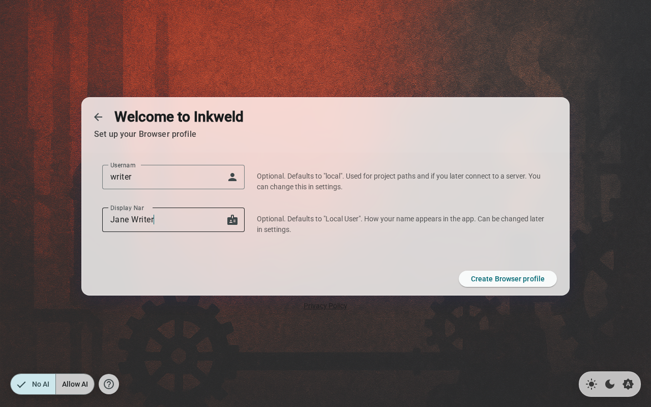 Setup — offline profile form, light