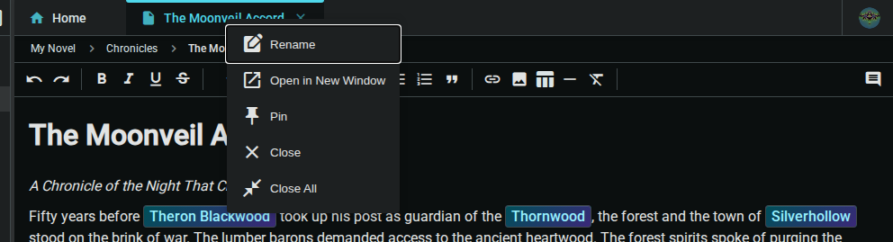 Document tab context menu — dark