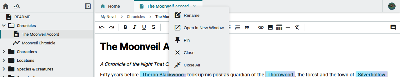 Document tab context menu — light