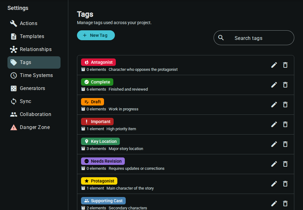 Tags tab — dark